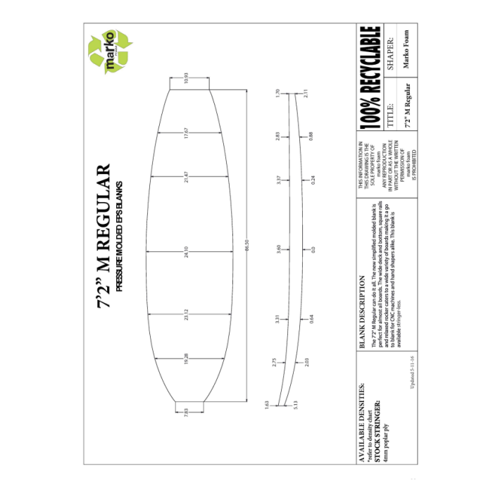 7'2'' Thick EPS - 7'2'' x 24" x 3,6", 1/8'' Ply stringer, MARKO FOAM