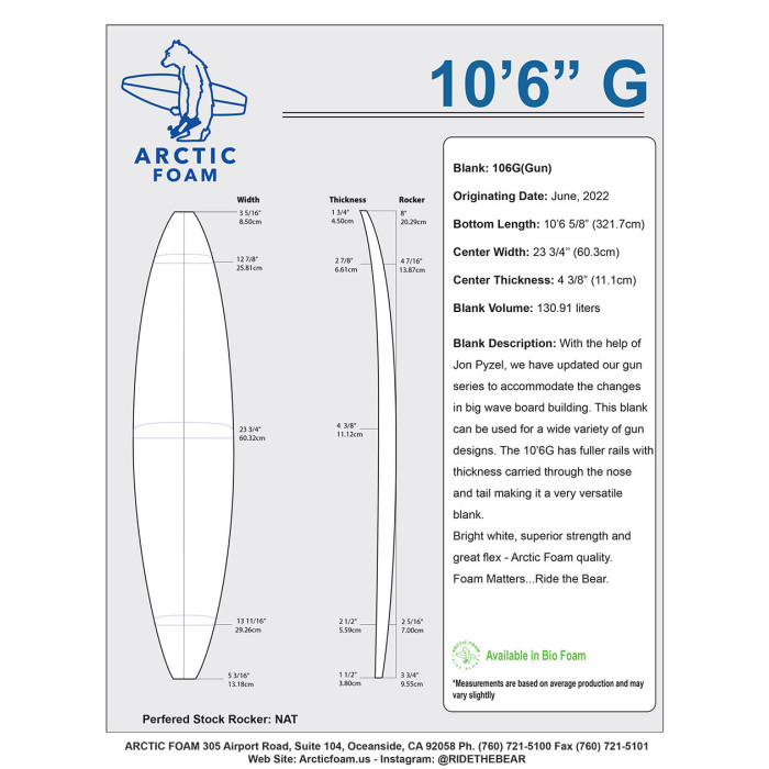 ARCTIC Foam 10'6'' Gun - Blue density - 1/2'' Bass