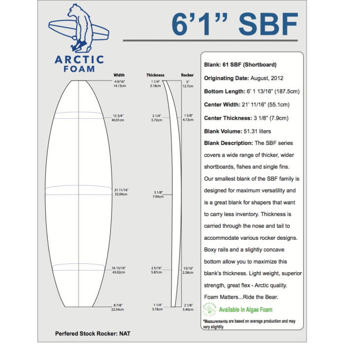 6'1'' SBF Shortboard - Green density - 1/8'' 1/8'' Black/Black/Black Ply stringer, ARCTIC FOAM