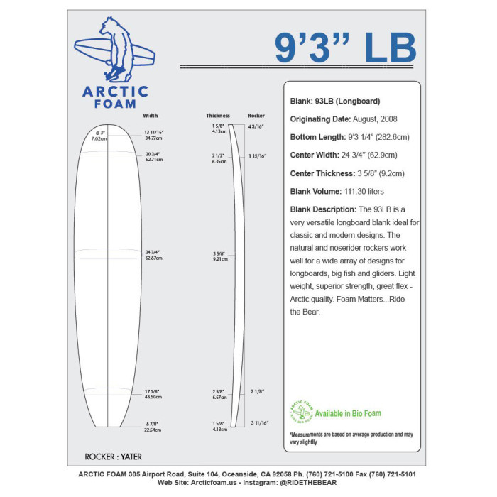 9'3'' LONGBOARD ARCTIC Foam - LONGBOARD - Pain de mousse pour la fabrication de planche de surf - VIRAL Surf for shapers