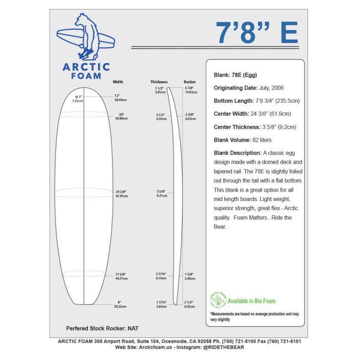 7'8'' E Egg - Green density - 1/4'' Dark Brown Thermo Basswood stringer, ARCTIC FOAM
