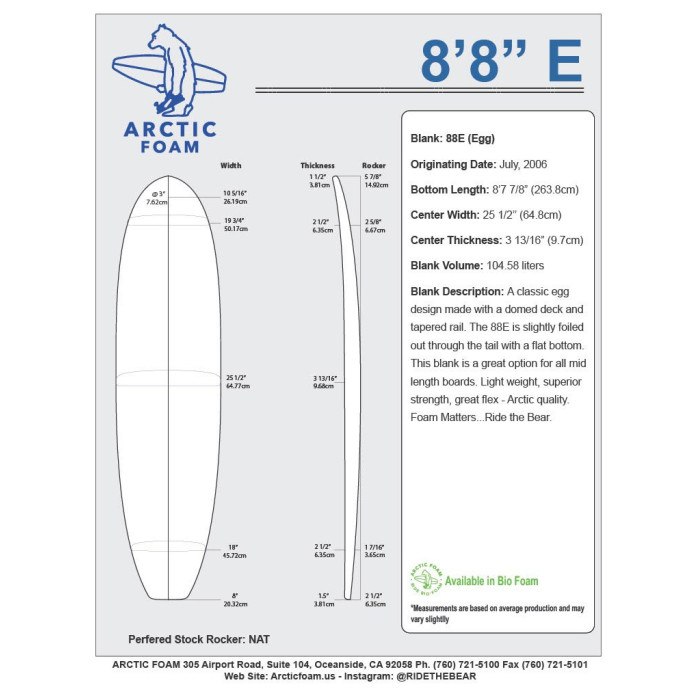 8'8'' MALIBU ARCTIC Foam - costilla 1/4'' Dark Brown Thermo Basswood, ARCTIC FOAM