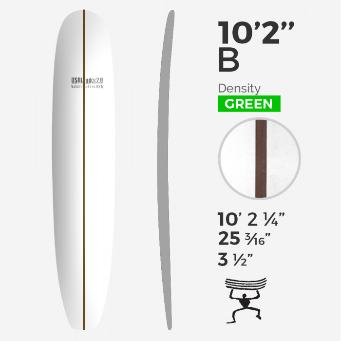 10'2'' B Longboard - Green Density - 3/4'' Dark wood stringer, US BLANKS