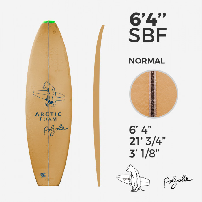 6'4'' SBF Shortboard - BIO FOAM Green density - latte 1/8'' Ply, ARCTIC FOAM