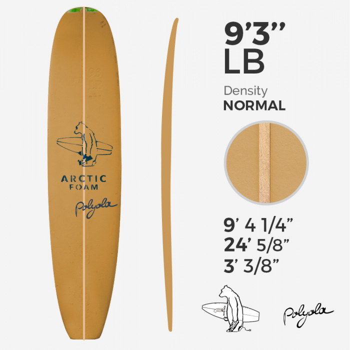 9'3'' L Longboard, BIO FOAM Green density - latte 5/16'' Basswood, ARCTIC FOAM