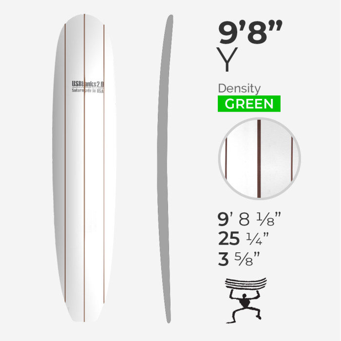 9'8'' Y Longboard - Green Density - Dark wood triple stringers, US BLANKS