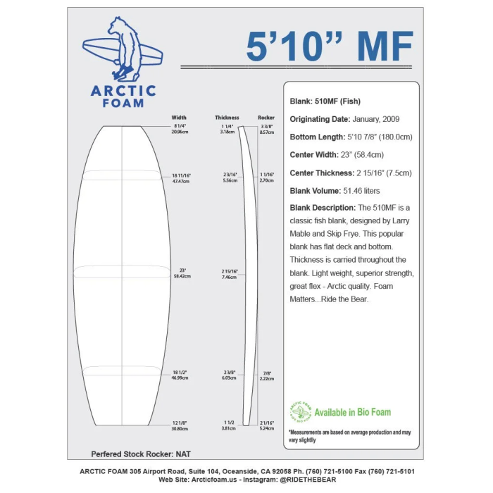 5'10'' MF Fish - Green Density - costilla de 1/8 Dark Brown Thermo Basswood, ARCTIC FOAM