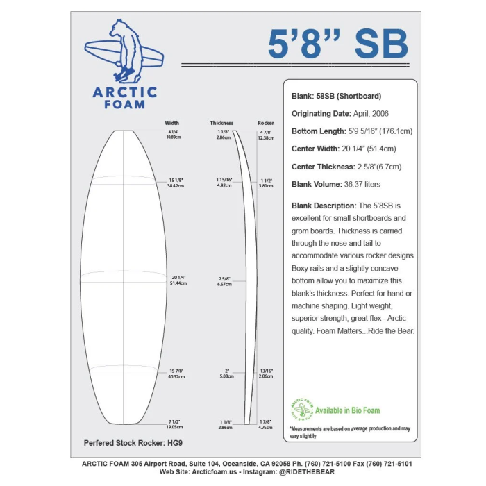 ARCTIC Foam 5'8'' SB - Green Density - 1/8" Bass Ply