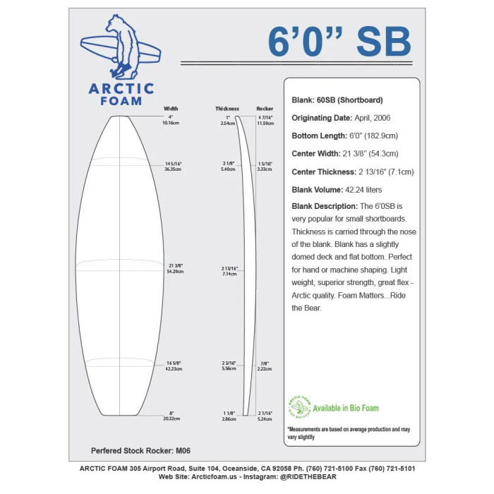 Pain de mousse 6'0'' SB Shortboard ARCTIC Foam - SHORTBOARD - VIRAL Surf for shapers