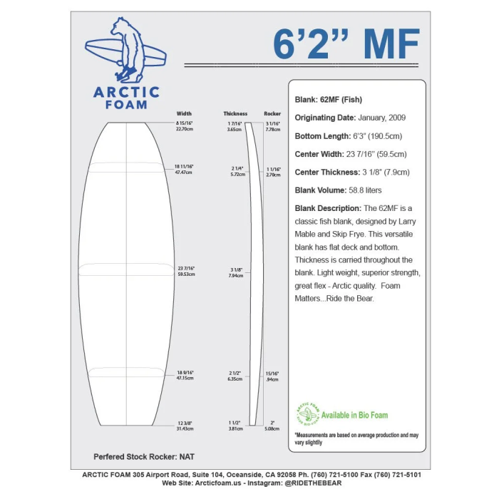 6'2'' MF Fish - Green density - latte 1/8'' Dark Brown Thermo Basswood , ARCTIC FOAM