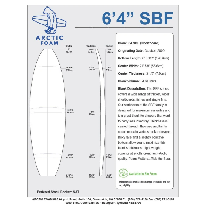 6'4'' SBF Shortboard - Polyola Green density - 1/8'' Ply stringer, ARCTIC FOAM