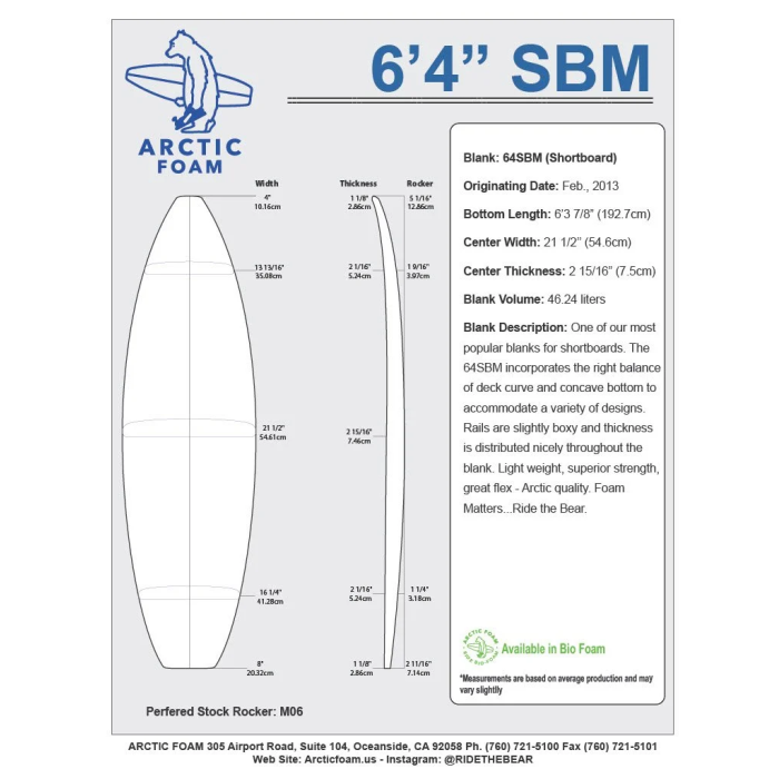 Foam de surf 6'4'' SBM Shortboard ARCTIC Foam - SHORTBOARD - VIRAL Surf for shapers