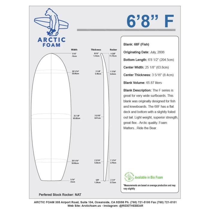6'8'' F Fish - Green density - costilla de 1/8'' Dark Brown Thermo Basswood, ARCTIC FOAM