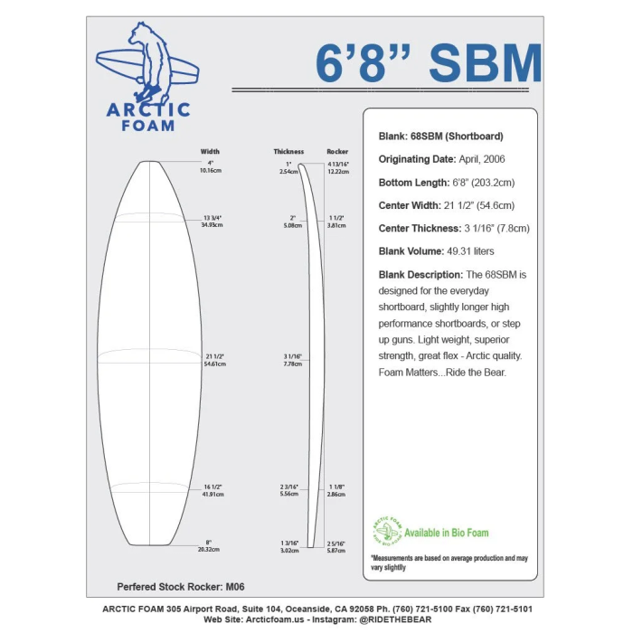 6'8'' SBM Shortboard ARCTIC Foam - SHORTBOARD - Pain de mousse pour la fabrication de planche de surf - VIRAL Surf for shapers