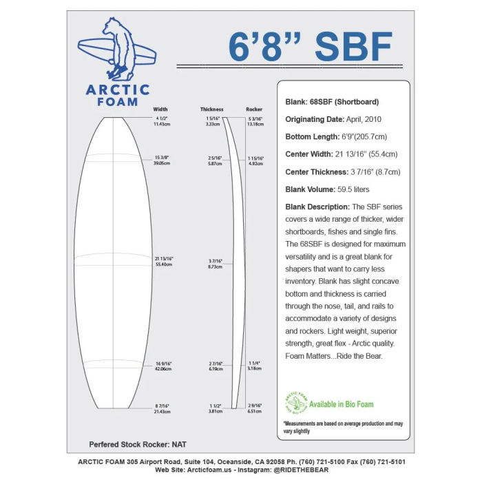 Surfboard blank 6'8'' SBF Shortboard ARCTIC Foam - SHORTBOARD - VIRAL Surf for shapers