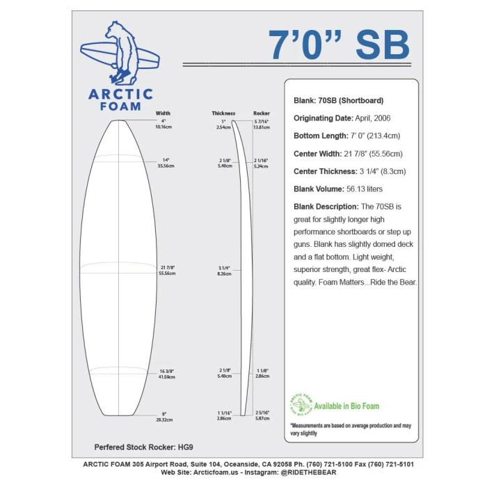 Surfboard blank 7'0'' SB Shortboard ARCTIC Foam - SHORTBOARD - VIRAL Surf for shapers