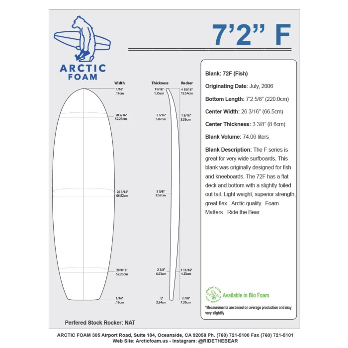 7'2'' F Fish - Green Density - 1/8'' Dark Brown Thermo Basswood stringer - ARCTIC Foam