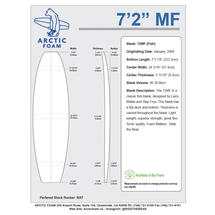 7'2'' MF Fish - Green density - latte 3/16'' Red Cedar, ARCTIC FOAM