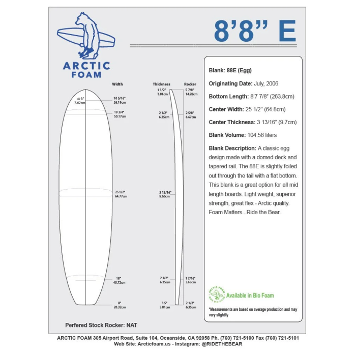 Foam de surf 8'8'' MALIBU ARCTIC Foam - MINI MALIBU - VIRAL Surf for shapers