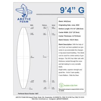 9'4'' GUN - Blue density - 1/2'' Bass, ARCTIC FOAM