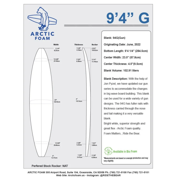 9'4'' GUN - Blue density - 1/2'' Bass, ARCTIC FOAM