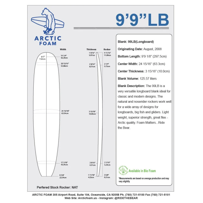 9'9'' LB Longboard - Green density - 2 x cedar stringer wedge, ARCTIC FOAM