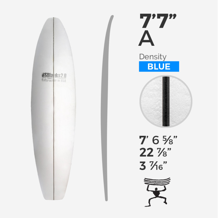 7'7'' A Retro - Blue Density - 1/4'' Dark wood stringer, US BLANKS