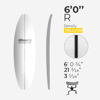 6'0'' R Shortboard - CT Foam Yellow Density - 1/8'' - 3 Ply Black/Black/Black stringer, US BLANKS