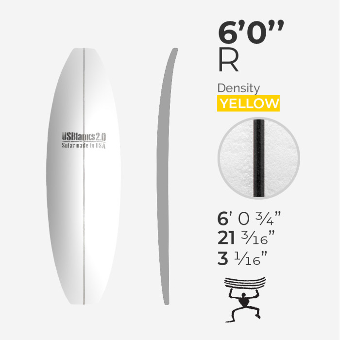 6'0'' R Shortboard - CT Foam Yellow Density - latte 1/8'' - 3 Ply Black/Black/Black, US BLANKS