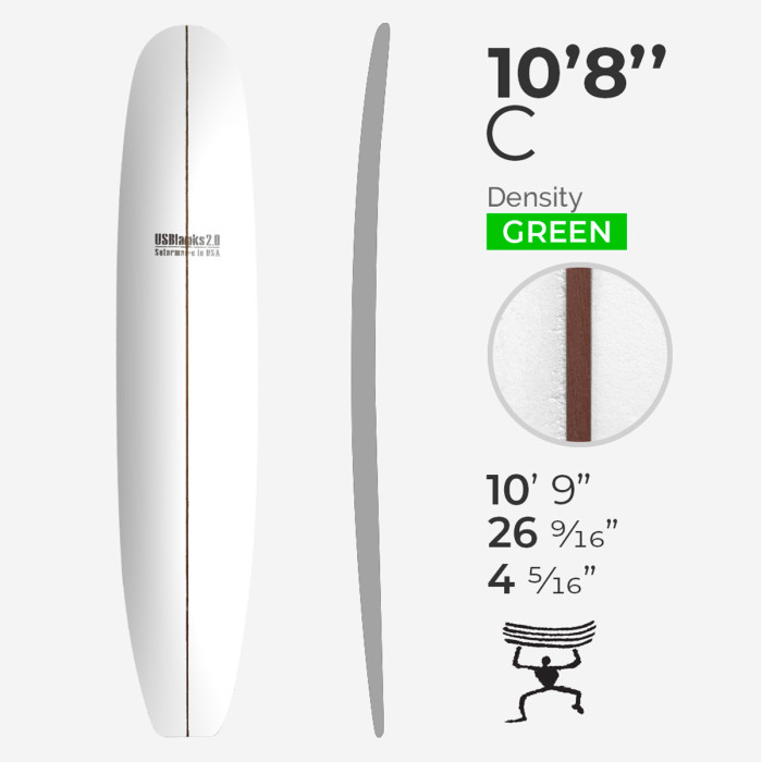 10'8'' C Longboard - Green Density - latte 3/8'' Dark wood, US BLANKS