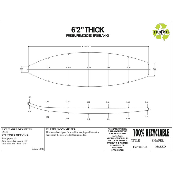 EPS 6'2'' THICK - Marko Foam surfboard blank - 6'2,75'' x 20,25'' x 2,8'' Ply