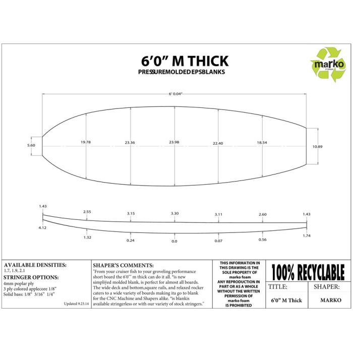 EPS 6'0'' M THICK - Marko Foam surfboard blank - 6'0'' x 24'' x 3,30''' No Stringer