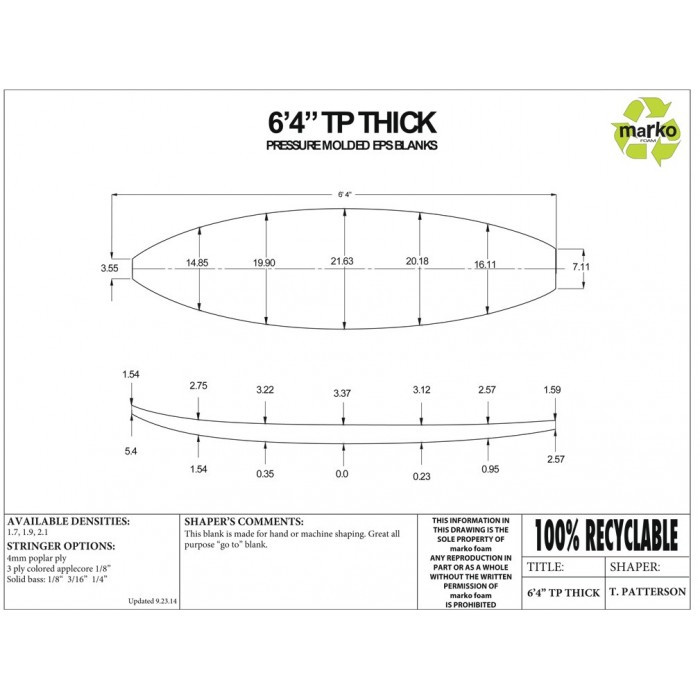 EPS 6'4'' TH - Marko Foam surfboard blank - 4mm Ply - Enviro Foam 2.0