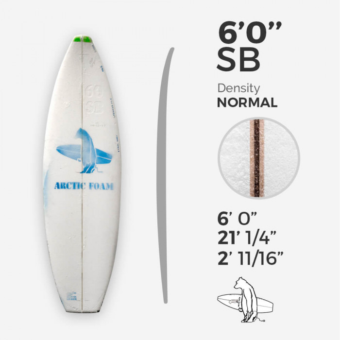 6'0'' SB Shortboard - Green Density - 1/8" Bass Ply, ARCTIC FOAM