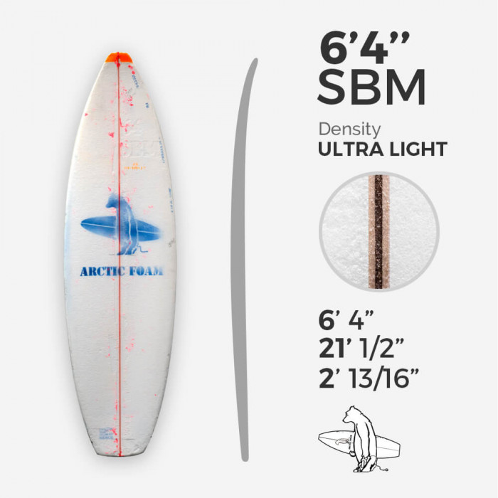 6'4'' SBM Shortboard - Orange ultra light density - latte 1/8" Ply, ARCTIC FOAM