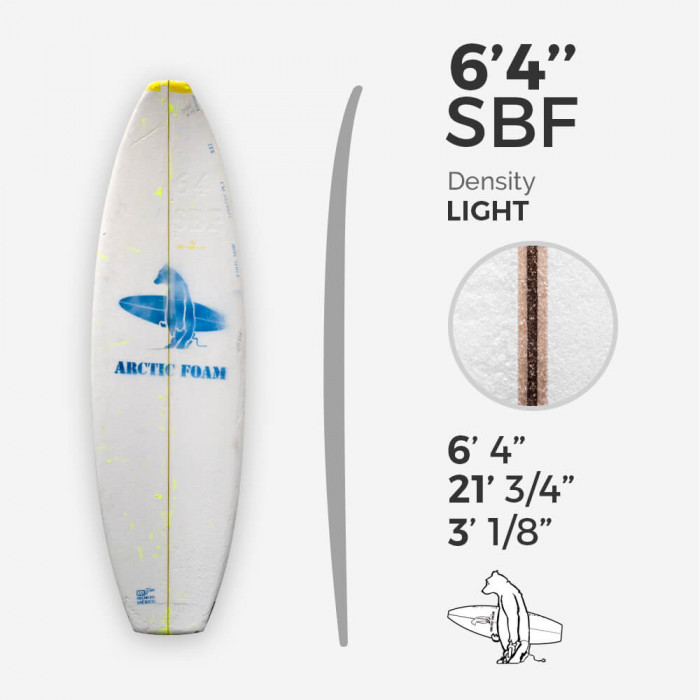 6'4'' SBF Shortboard - Yellow light density - 1/8 Bass Ply, ARCTIC FOAM