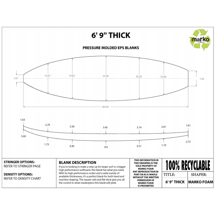 6'9'' M Thick EPS - 6'9'' x 22'' x 3.375'', latte 1/8'' Ply, MARKO FOAM
