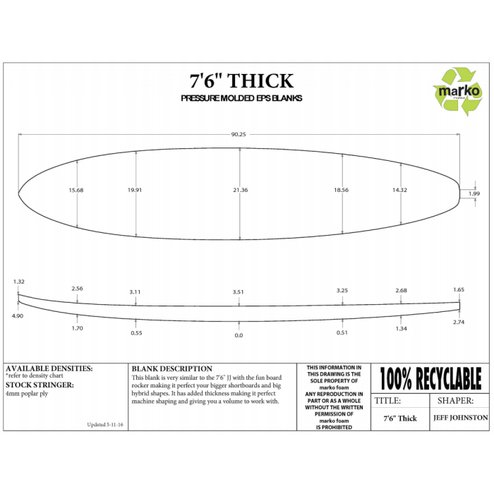 7'6'' Thick EPS - 7'6" X 21.5" X 3.51" - latte 1/8'' Ply, MARKO FOAM