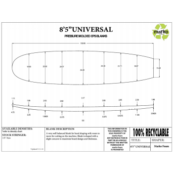 8'5'' Thick EPS - 8'6.65" X 24.46" X3.8” - latte 1/8'' Ply, MARKO FOAM
