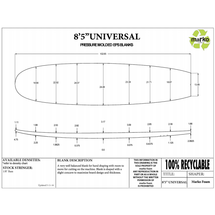 8'5'' Thick EPS - 8'6.65" X 24.46" X3.8” - latte 1/8'' Ply, MARKO FOAM