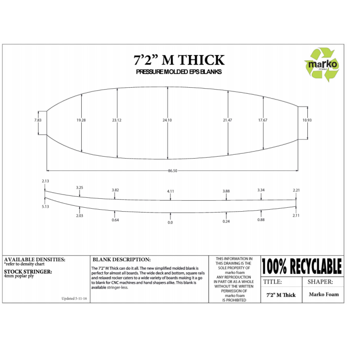 7'2'' Thick EPS - 7'2'' x 24" x 4,1", 1/8'' Ply stringer, MARKO FOAM